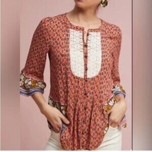 Mauve Anthropologie Peasant Flowy boho Lila tiered prairie Blouse top size 6